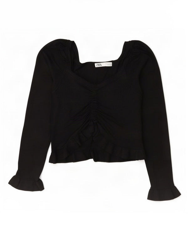 Zara Blusa Corta De Manga Larga Para Mujer Top UK 10 Small Viscosa Negra