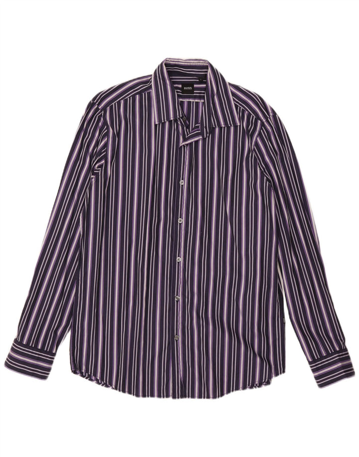Hugo Boss Mens Shirt Large Purple Striped Cotton