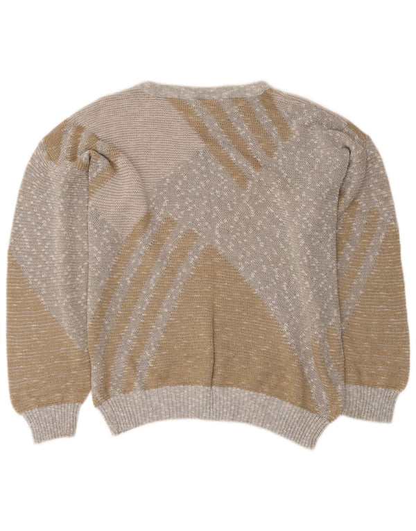 Vintage Dame Boat Neck Jumper Sweater IT 50 XL Beige Colourblock Bomuld
