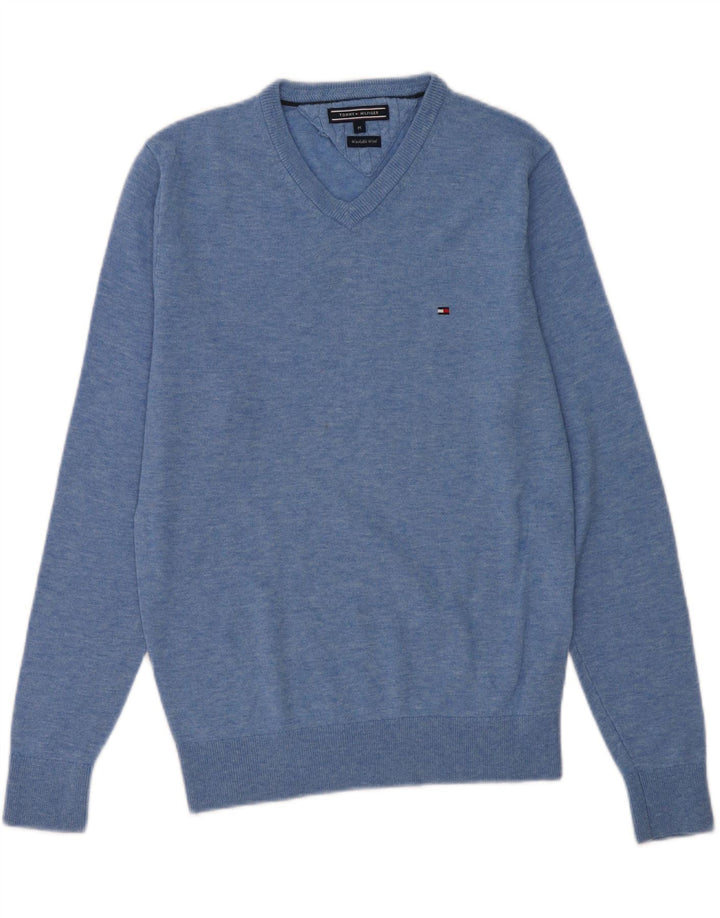TOMMY HILFIGER Mens V-Neck Jumper Sweater Medium Blue Lambswool Vintage Tommy Hilfiger and Second-Hand Tommy Hilfiger from Messina Hembry 