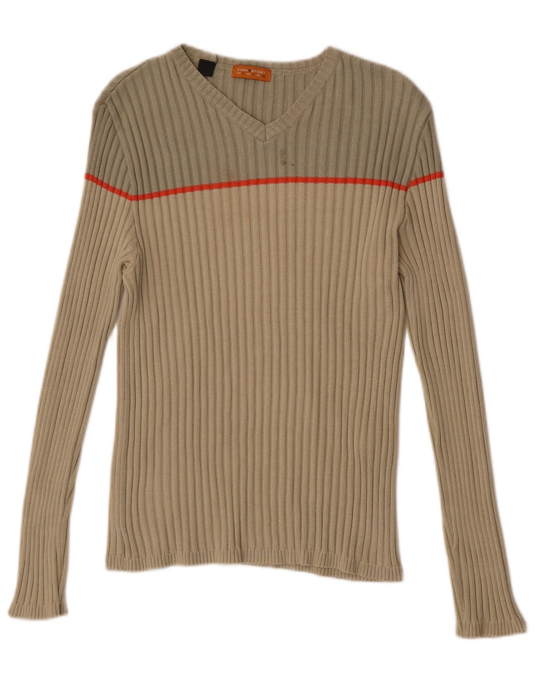 Zara Mens V-Neck Jumper Sweater Medium Beige Colourblock Cotton