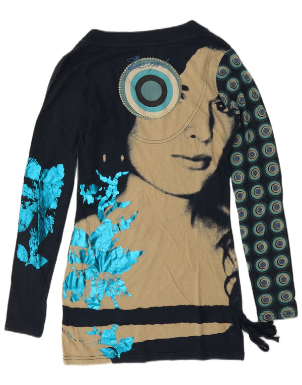 Desigual Donna Graphic Top Manica Lunga UK 6 XS Blu Navy Cotone geometrico