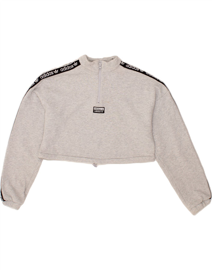 ADIDAS Womens Oversized Graphic Crop Sweatshirt Jumper UK 10 Small Grey Vintage Adidas and Second-Hand Adidas from Messina Hembry 