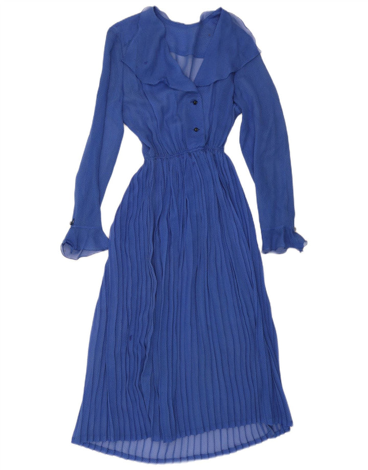 Vintage Womens Long Sleeve Maxi Dress UK 12 Medium Blue Spotted