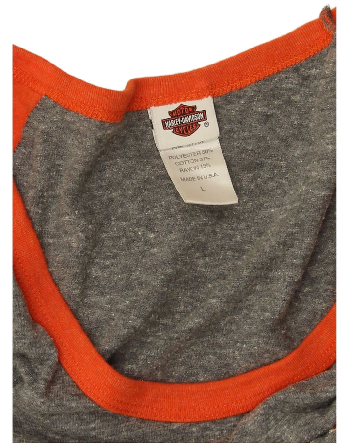 Harley Davidson Womens Graphic Top 3/4 Sleeve UK 16 Large Grey Colourblock