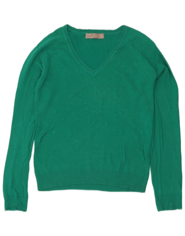 Zara Damen-Pullover mit V-Ausschnitt, Gr. 14, Größe L, grüne Baumwolle