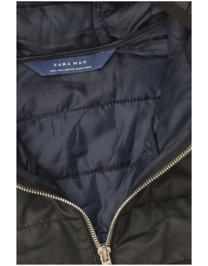 Zara Mens Hooded Padded Gilet UK 40 Large Black Polyester