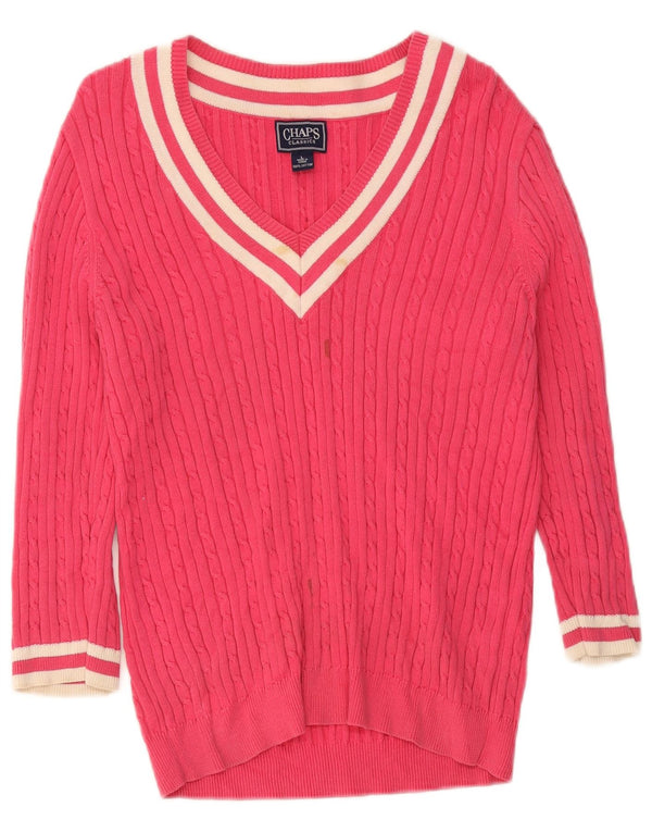 Chaps Damen-Pullover mit 3/4-Ärmeln und V-Ausschnitt, Gr. 14, groß, rosa gestreift