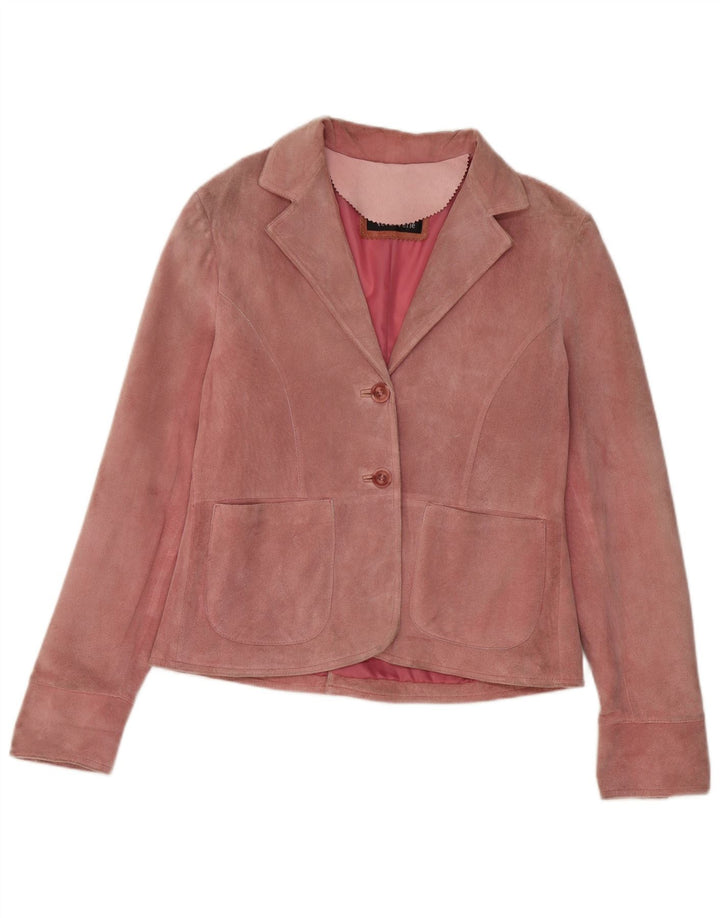 Giacca blazer da donna in pelle scamosciata a 2 bottoni VINTAGE IT 46 grande in pelle rosa