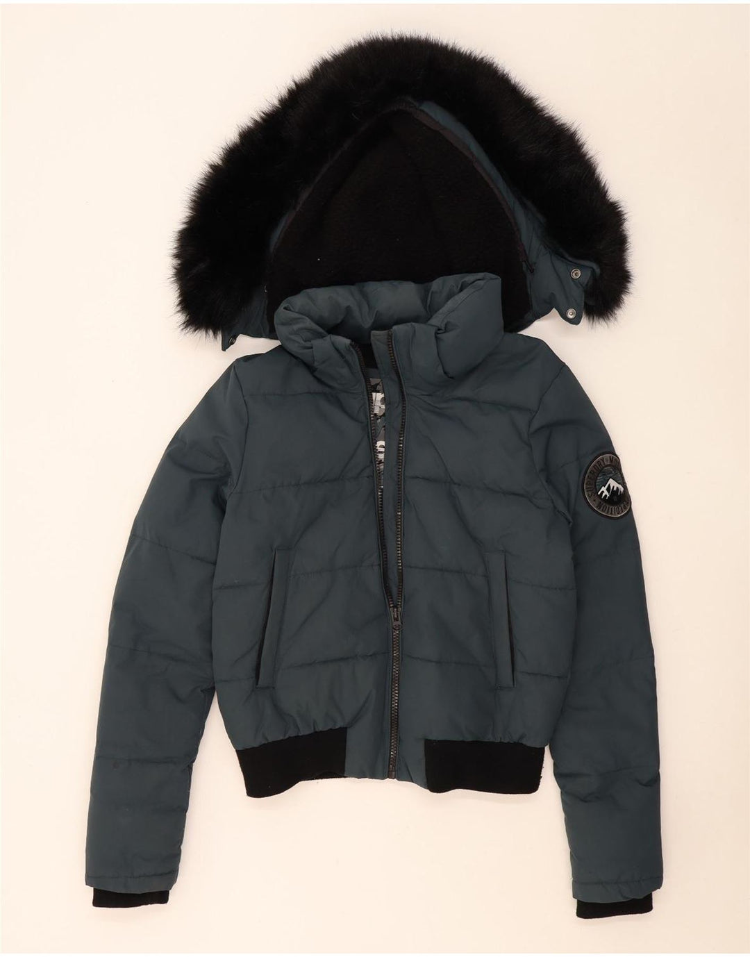 Superdry Womens Hooded Bomber Padded Jacket UK 14 Medium Blue Colourblock