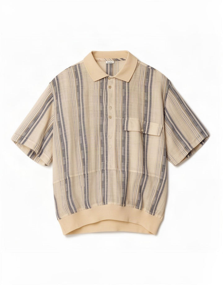 Vintage Mens Short Sleeve Pullover Shirt Medium Beige Striped