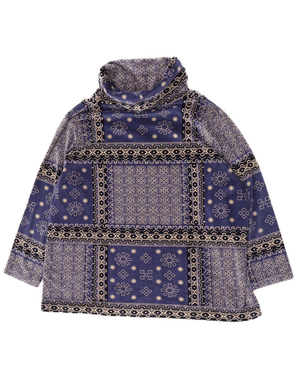 Vintage Damen Samt Top Langarm UK 20 2XL Blau geblümte Baumwolle