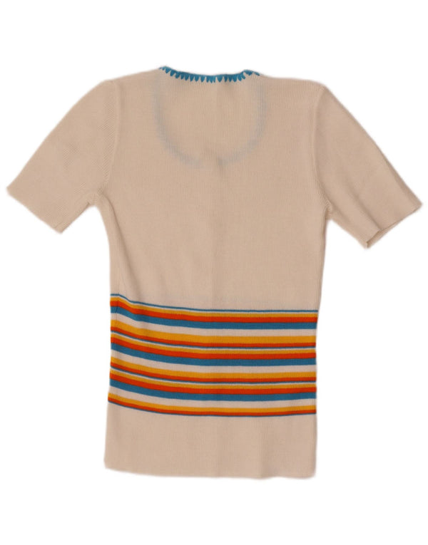 Vintage Damen 1/2 Ärmel kurze Bluse Top UK 4 XS weiß gestreift