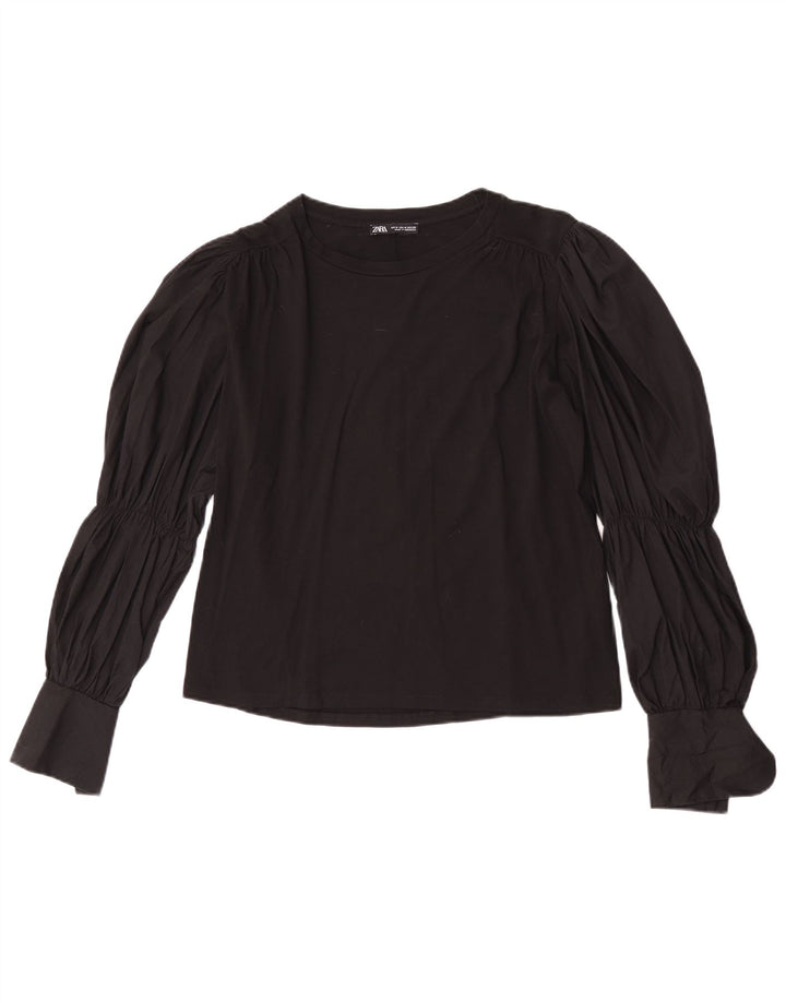 Zara Womens Long Sleeve Blouse Top UK 14 Medium Black Cotton