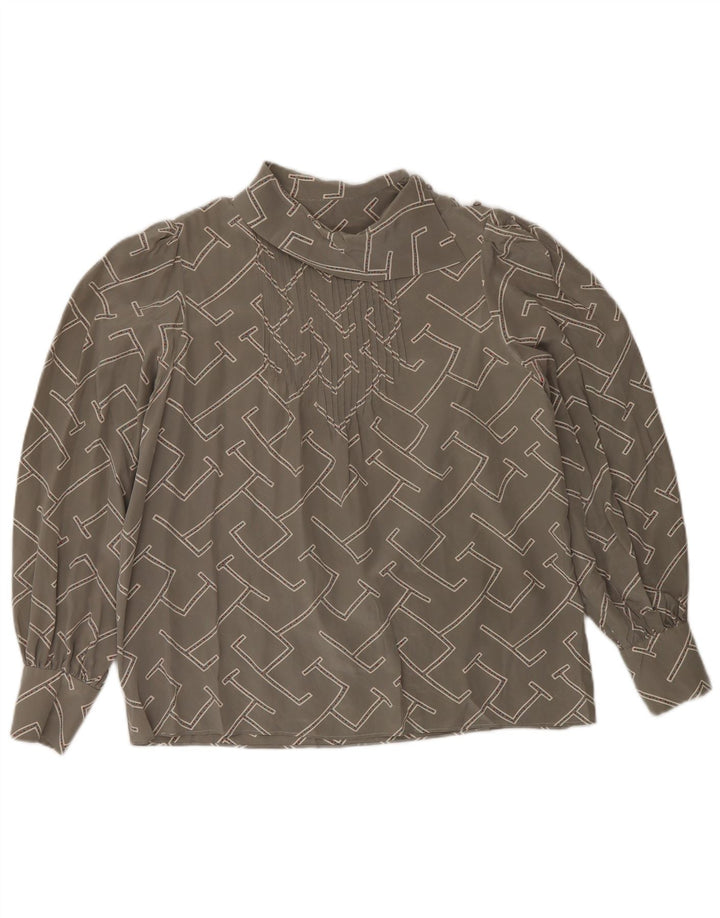 Vintage damski top w abstrakcyjny wzór z długim rękawem, UK 14, średni szary