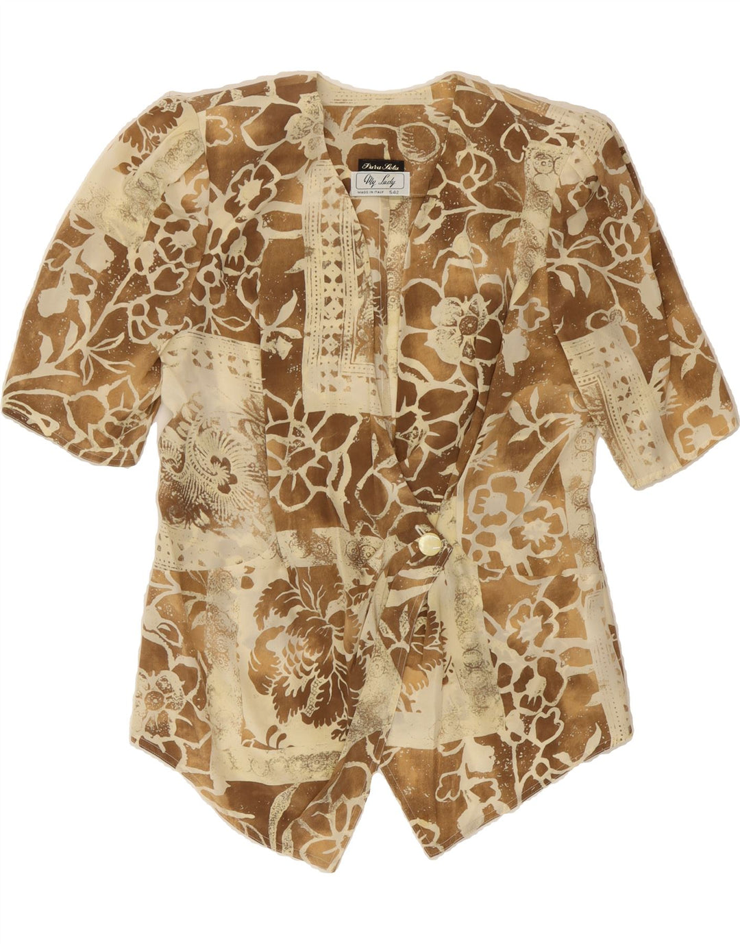 VINTAGE Womens Short Sleeve Blazer Jacket UK 12 Medium Beige Floral Vintage Vintage and Second-Hand Vintage from Messina Hembry 