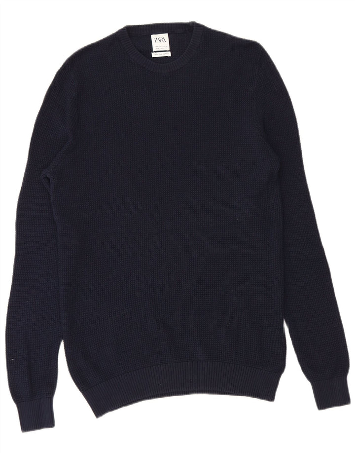 Zara Mens Crew Neck Jumper Sweater Medium Navy Blue Cotton
