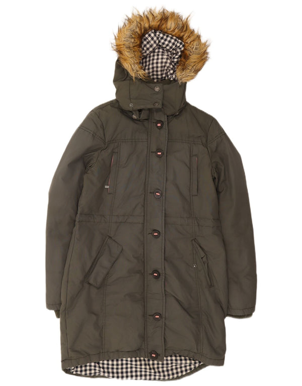 Fat Face Womens Hooded Parka Jacket UK 10 Small Khaki Cotton