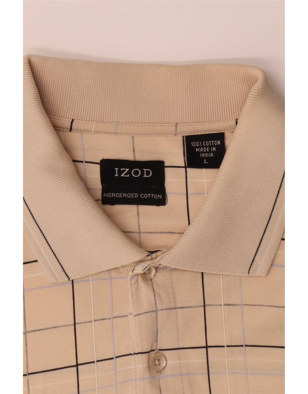 Izod Mens Polo Shirt Large Beige Check Cotton