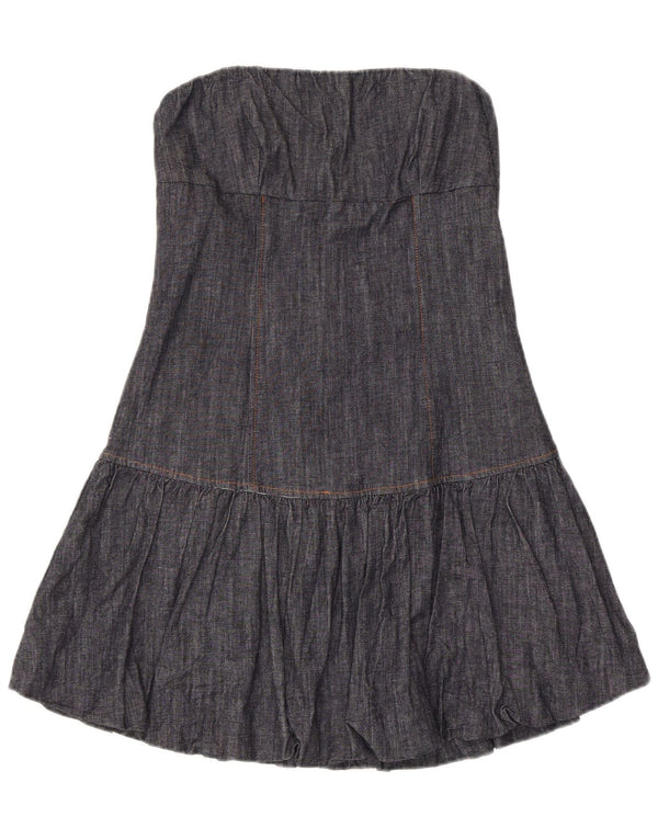 Vintage Dame Denim Mini Stropløs Kjole UK 14 Stor Marineblå Bomuld
