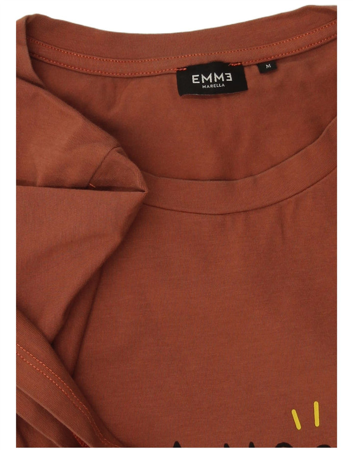 Emme Womens Graphic T-Shirt Top UK 14 Medium Brown Cotton