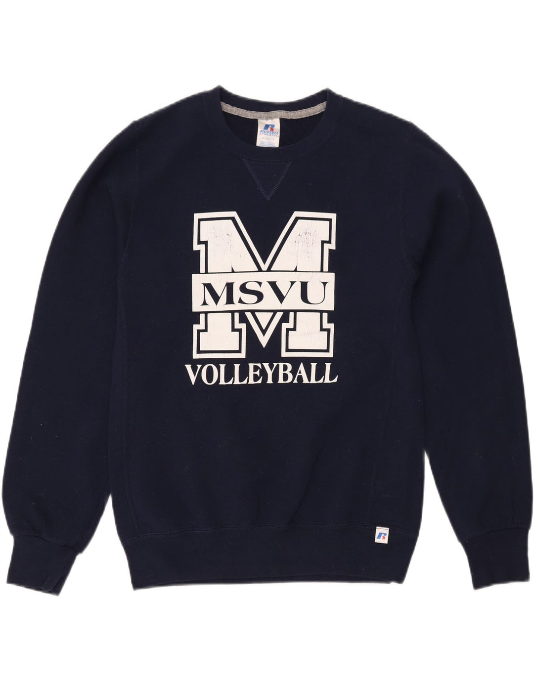 RUSSELL ATHLETIC Mens Graphic Sweatshirt Jumper Small Navy Blue Cotton Vintage Russell Athletic and Second-Hand Russell Athletic from Messina Hembry 