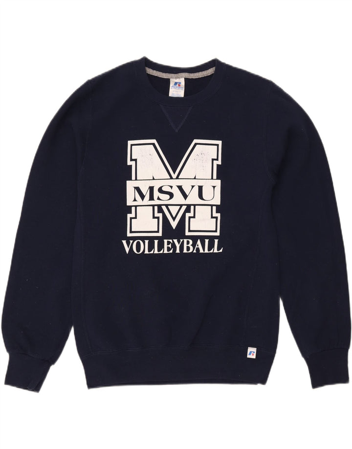 RUSSELL ATHLETIC Mens Graphic Sweatshirt Jumper Small Navy Blue Cotton Vintage Russell Athletic and Second-Hand Russell Athletic from Messina Hembry 