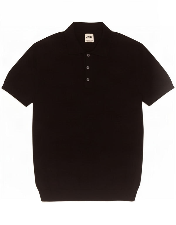 Zara Mens Short Sleeve Polo Neck Jumper Sweater Medium Black Viscose