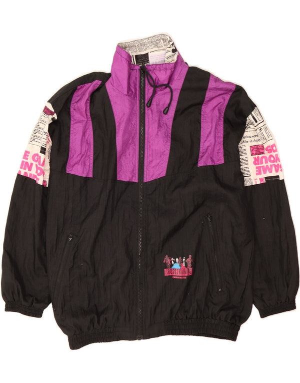 VINTAGE Mens Graphic Tracksuit Top Jacket UK 40/42 Large Black Colourblock