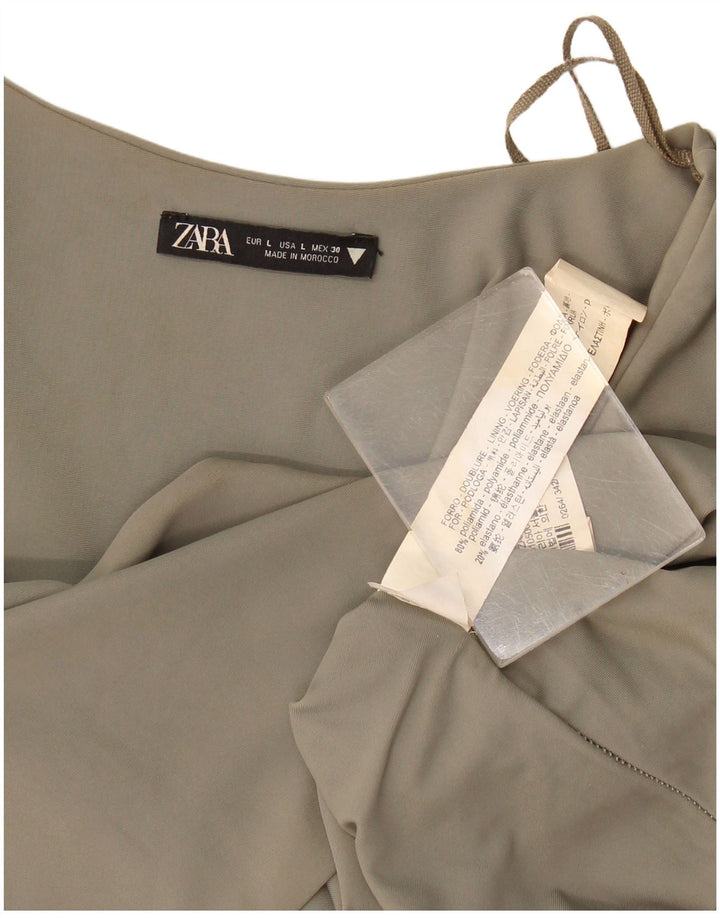 Zara Damen Crop Top Langarm UK 14 Large Khaki Polyamid