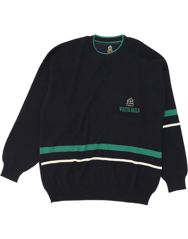 WHITE SAILS Mens Crew Neck Jumper Sweater XL Navy Blue Striped Vintage White Sails and Second-Hand White Sails from Messina Hembry 