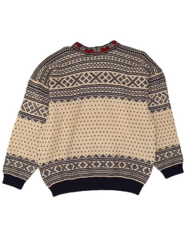 Voss Mens Unisex V-Neck Jumper Sweater Medium Off White Fair Isle Wool