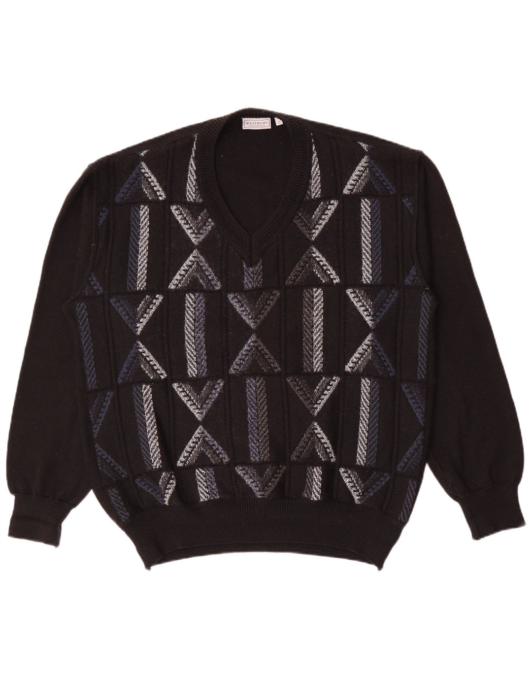 WESTBURY Mens V-Neck Jumper Sweater XL Black Geometric Wool