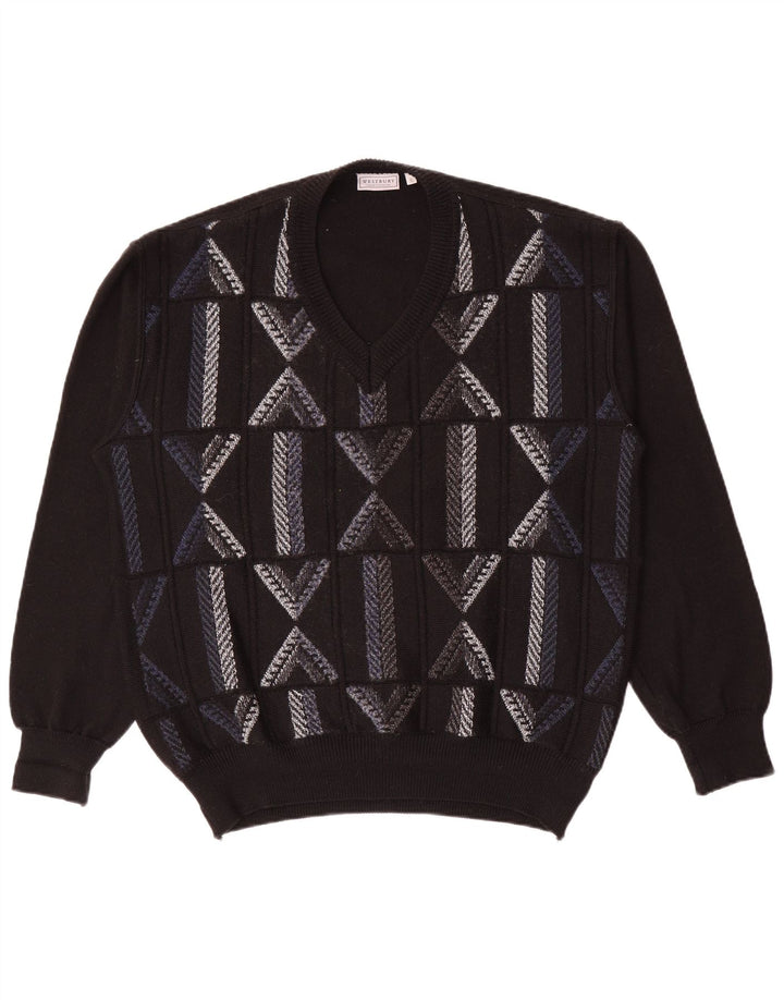 WESTBURY Mens V-Neck Jumper Sweater XL Black Geometric Wool