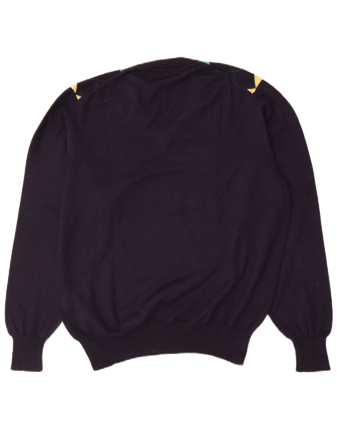 Marronetto Mens V-Neck Jumper Sweater Small Navy Blue Argyle/Diamond Wool