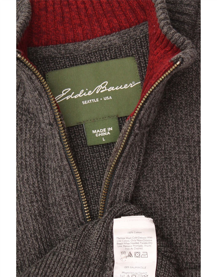 EDDIE BAUER Mens Zip Neck Jumper Sweater Large Grey Striped Cotton