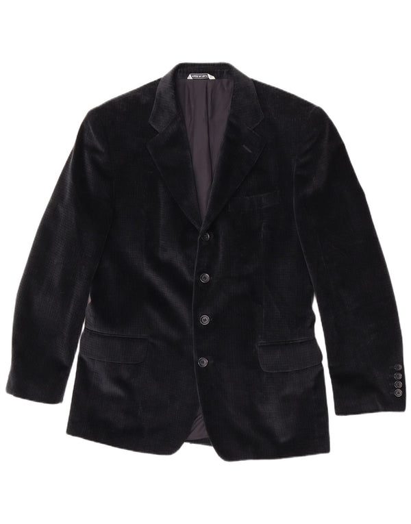 RETRO Mens 4 Button Velvet Blazer Jacket IT 48 Medium Navy Blue Cotton