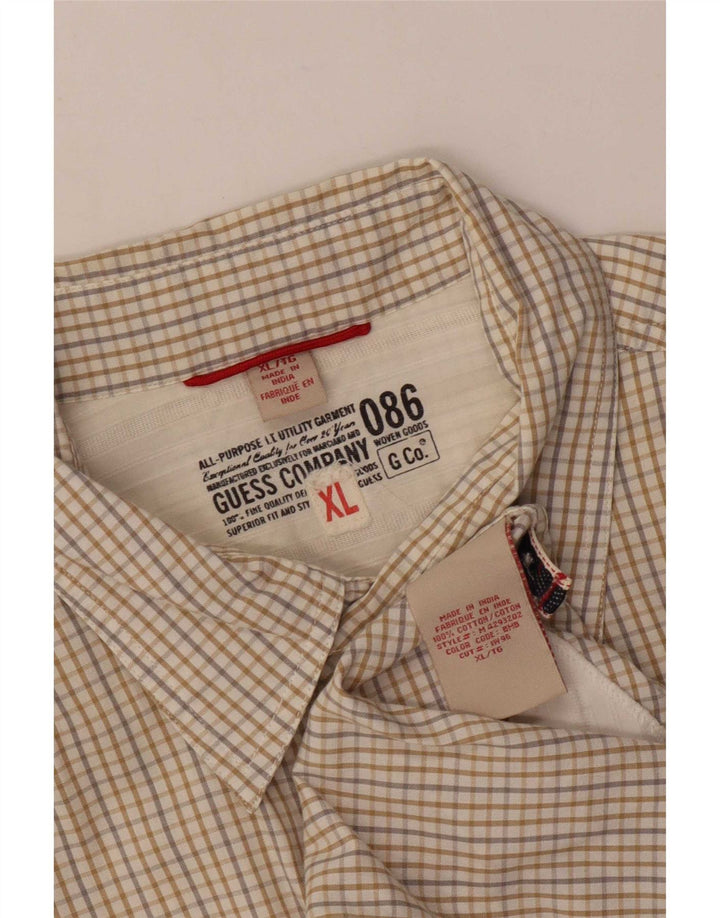 Guess Mens Short Sleeve Shirt XL Beige Gingham Cotton