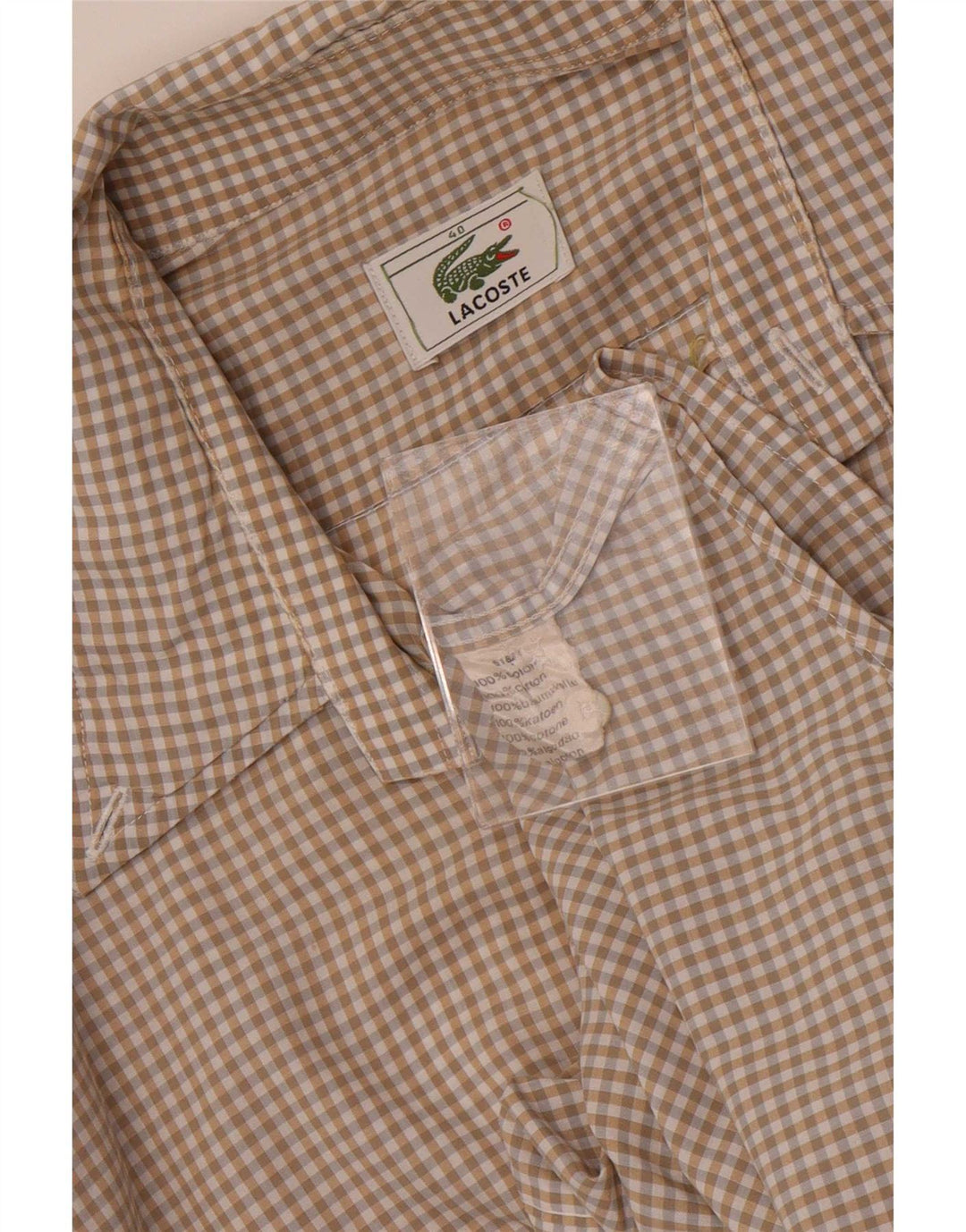 Lacoste Mens Short Sleeve Shirt Size 40 Medium Beige Check Cotton
