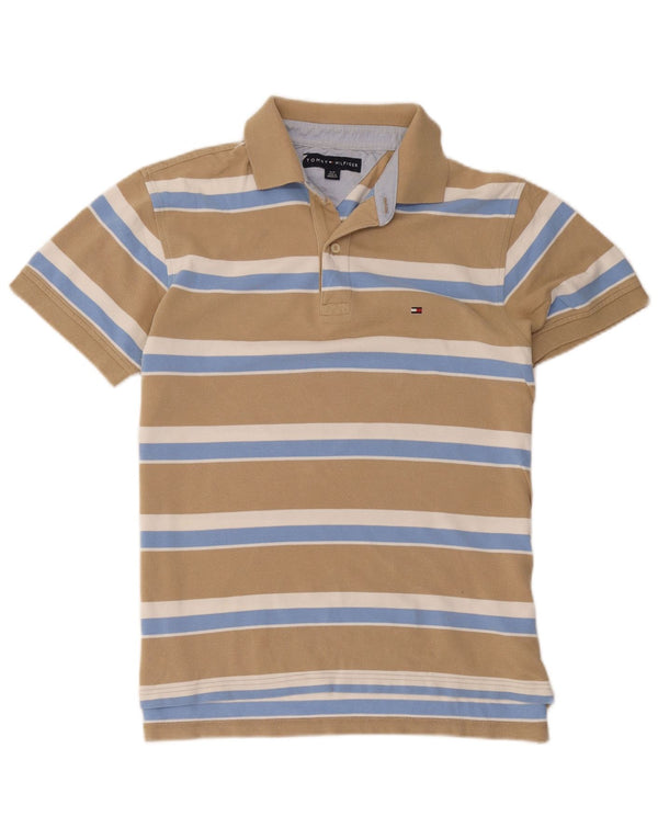 Camisa polo masculina Tommy Hilfiger pequena listrada bege de algodão