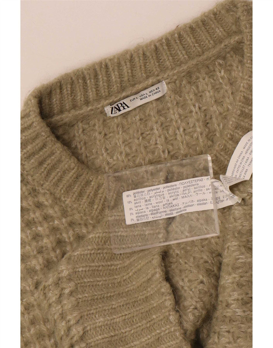 Zara Mens Crew Neck Jumper Sweater Large Khaki Polyester