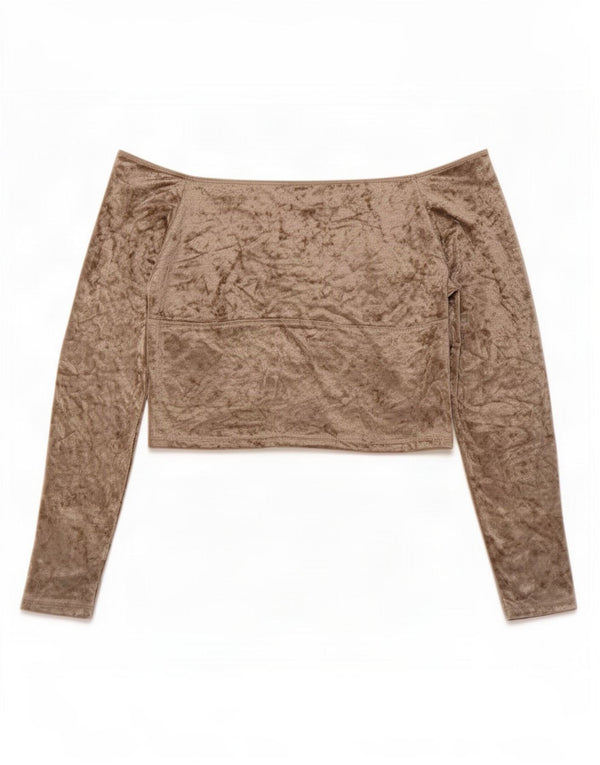 Topshop Dame Crop Langærmet Velour Off Shoulder Top UK 14 Large Beige