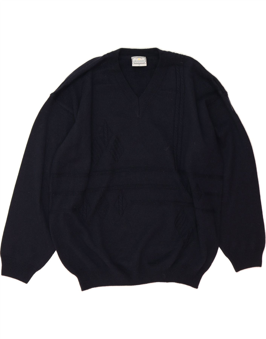 SILVERSTONE Mens V-Neck Jumper Sweater XL Navy Blue Acrylic Vintage Silverstone and Second-Hand Silverstone from Messina Hembry 