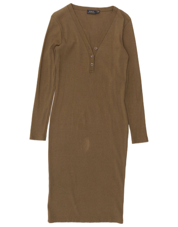 Polo Ralph Lauren Womens Long Sleeve Bodycon Dress UK 10 Small Khaki Cotton