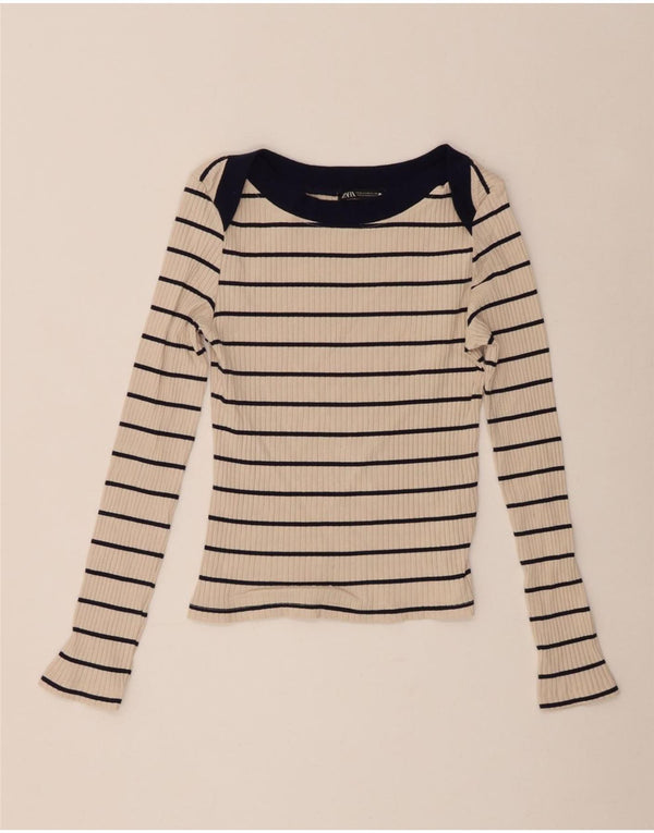 Zara Womens Crop Top Long Sleeve UK 12 Medium Beige Striped Cotton