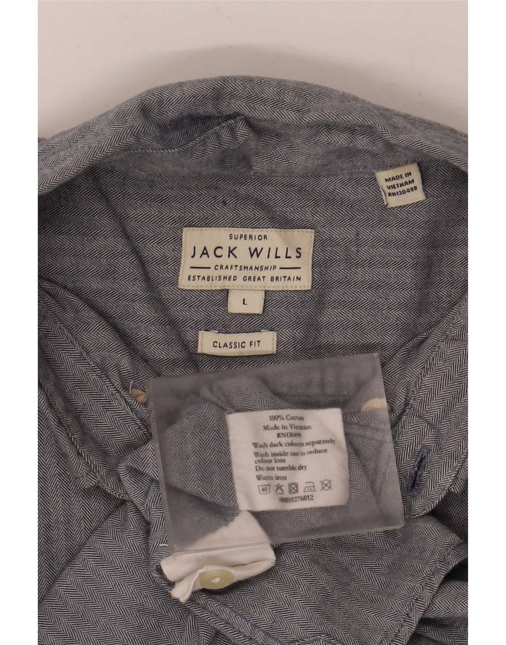 Jack Wills Mens Classic Fit Shirt Large Blue Herringbone Cotton