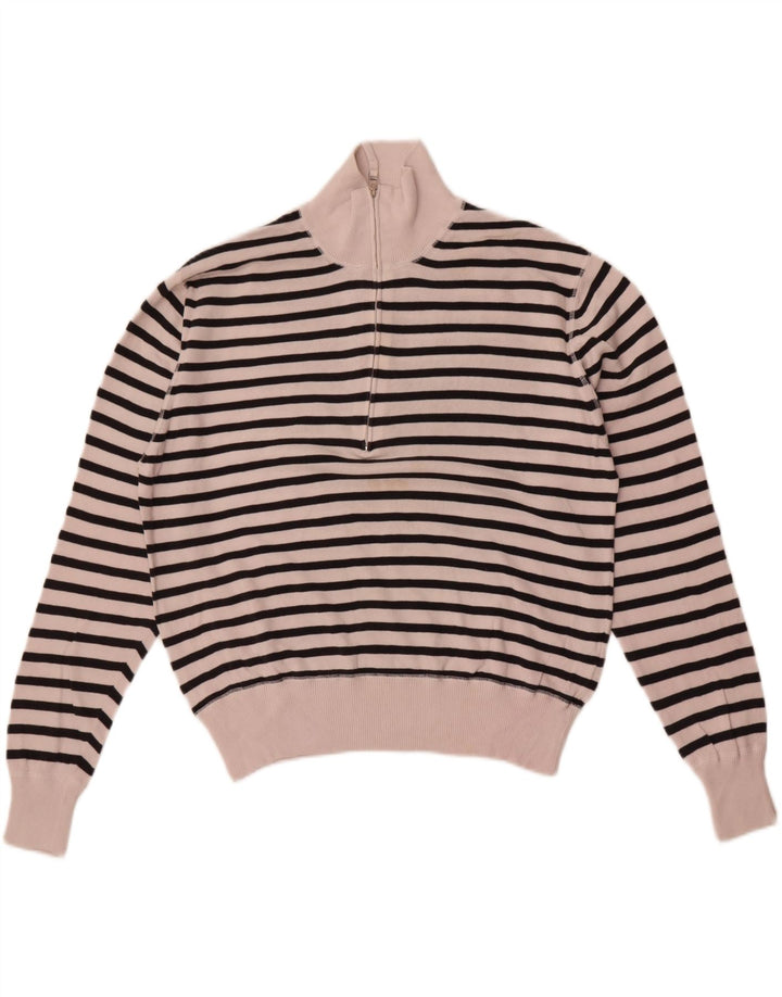 Slam Womens Zip Neck Jumper Sweater UK 14 Medium White Striped Cotton