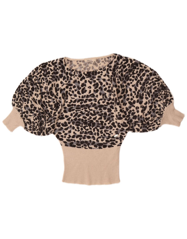 Vintage Dame 3/4 ærmet bluse Top UK 10 Small Beige Animal Print Viscose