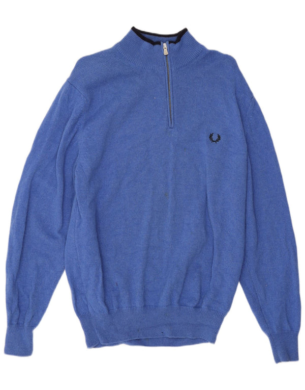 Fred Perry Mens Zip Neck Jumper Sweater Medium Blue Wool