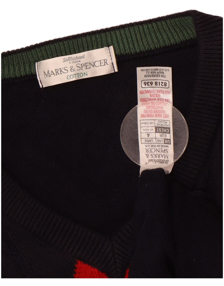 MARKS & SPENCER Mens V-Neck Jumper Sweater Large Navy Blue Argyle/Diamond